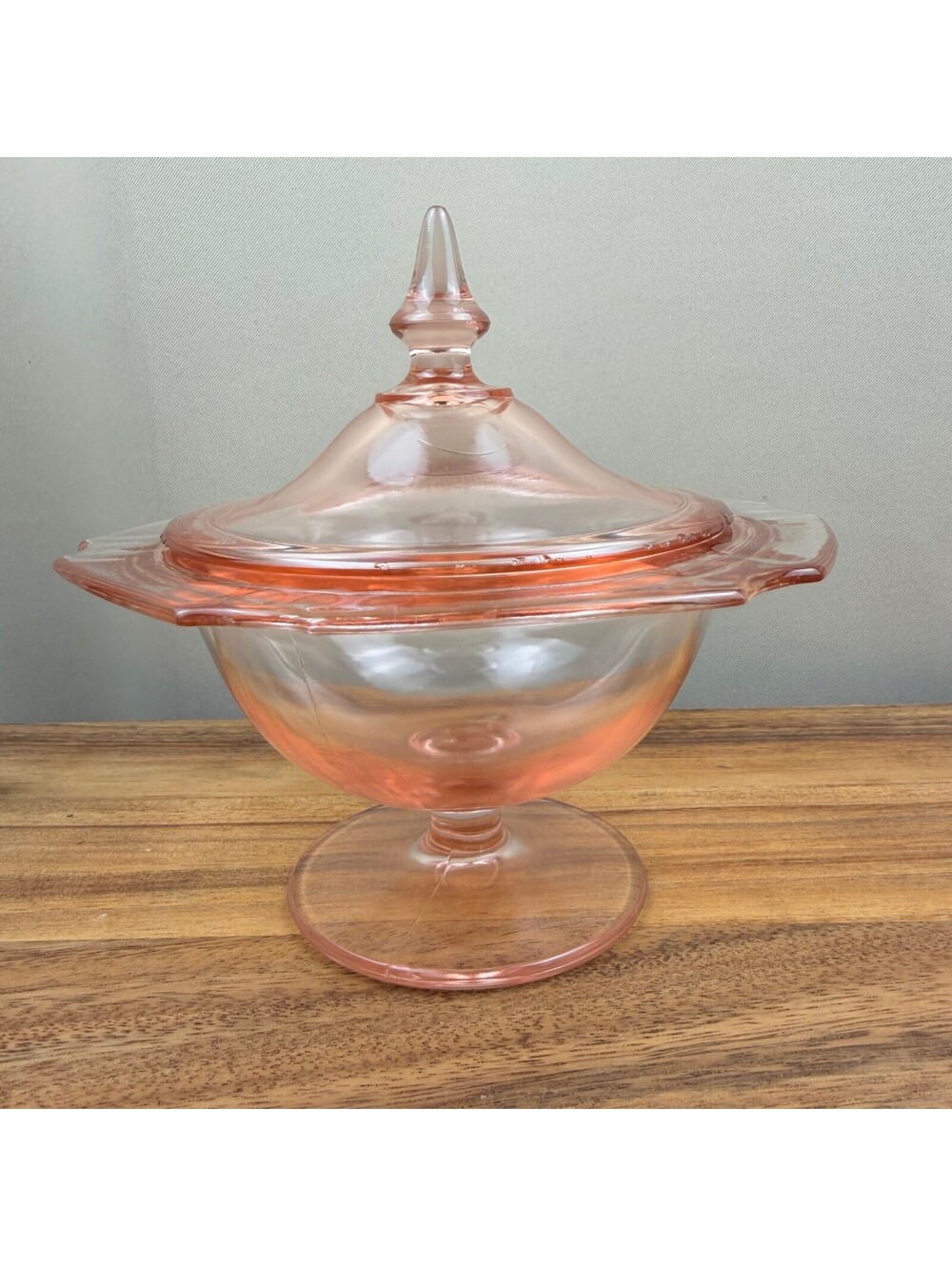 Vintage Pink Depression Glass Lidded Candy Dish Footed Scalloped Bowl Art Deco